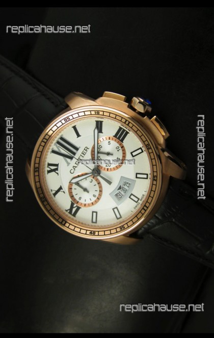 Calibre De Cartier Chronograph Japanese Replica Watch in Pink Gold