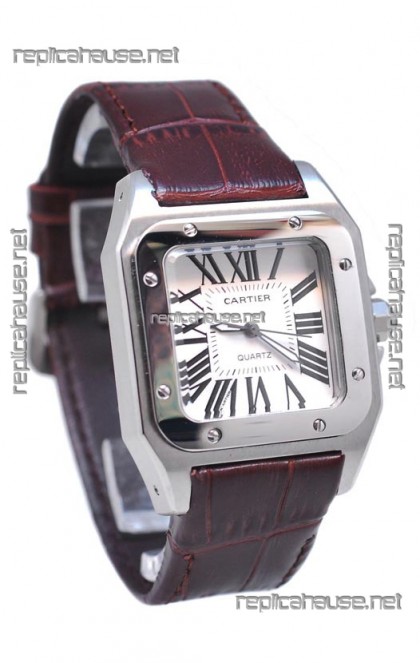 Cartier Santos 100 Japanese Ladies Replica Watch in Brown Strap