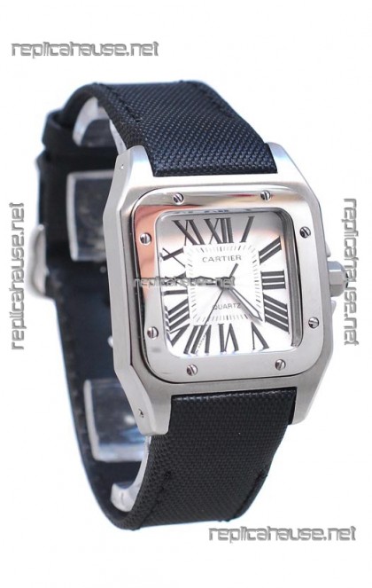 Cartier Santos 100 Japanese Ladies Replica Watch in Black Satin Strap