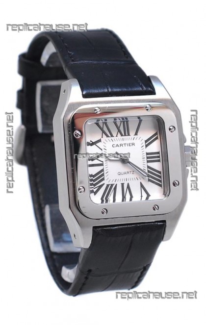 Cartier Santos 100 Japanese Ladies Replica Watch in Black Leather Strap