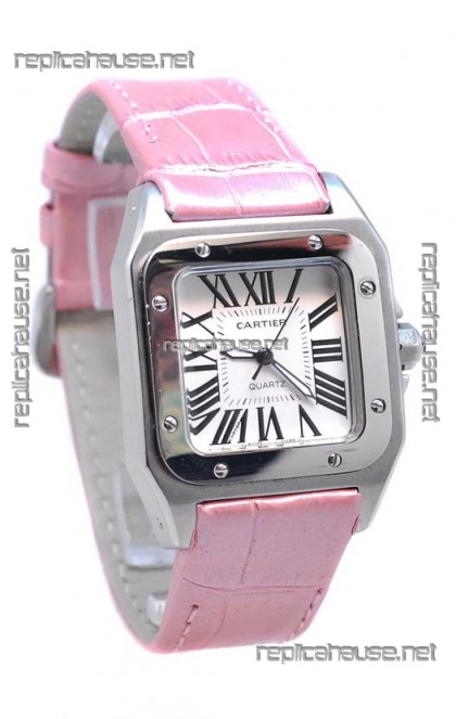 Cartier Santos 100 Japanese Ladies Replica Watch in Pink Leather Strap