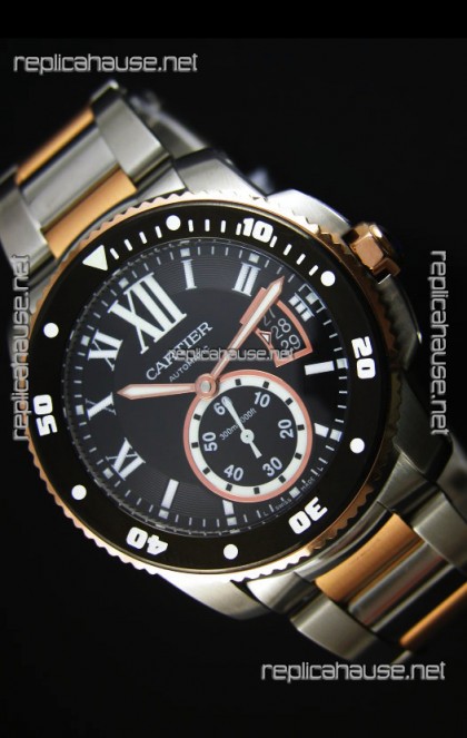 Calibre De Cartier Watch 42MM Black Dial Two Tone Case -  1:1 Mirror Replica Watch