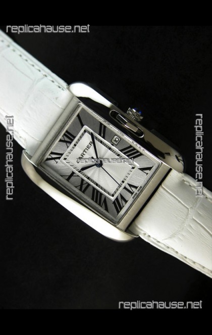 Cartier Tank Ladies Replica Watch in Steel Case/White Strap