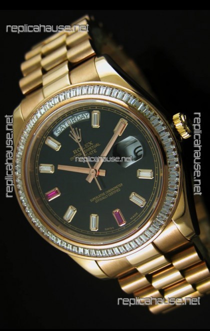 Rolex Day Date II 41MM Swiss Replica Watch - Black Dial - 1:1 Mirror Replica Watch 