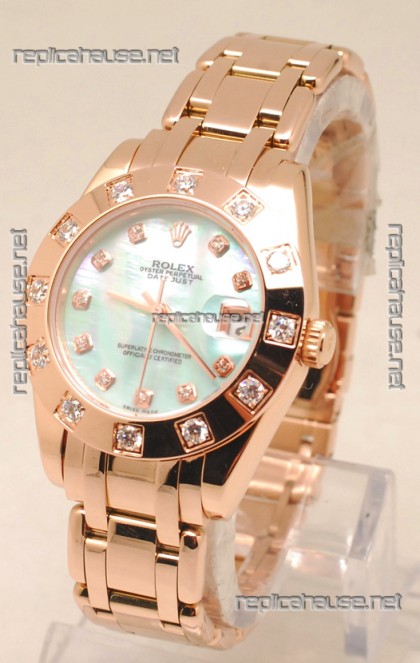 Rolex Datejust Swiss Replica Rose Gold Watch in Green Pearl Dial - 34MM