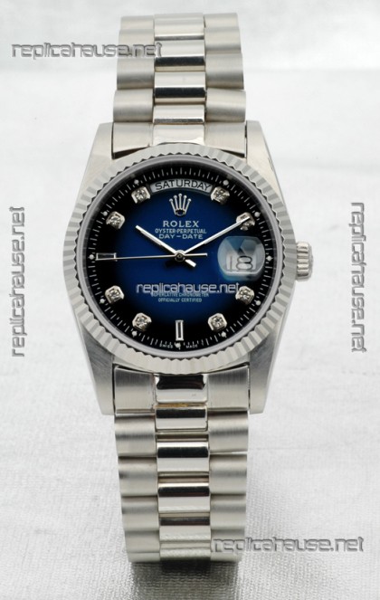 Rolex Day Date Silver Swiss Replica Watch in Blue Dial