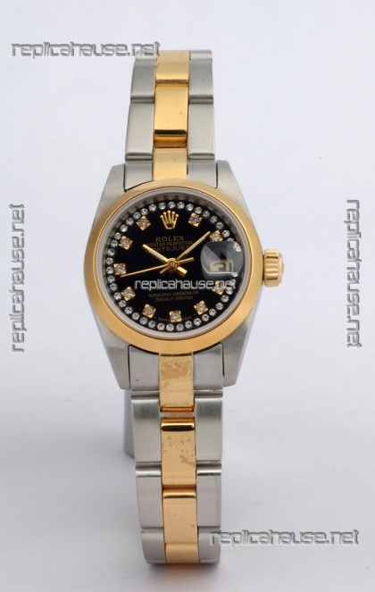 Rolex DateJust - Two Tone Ladies Swiss Replica Watch in Black Dial