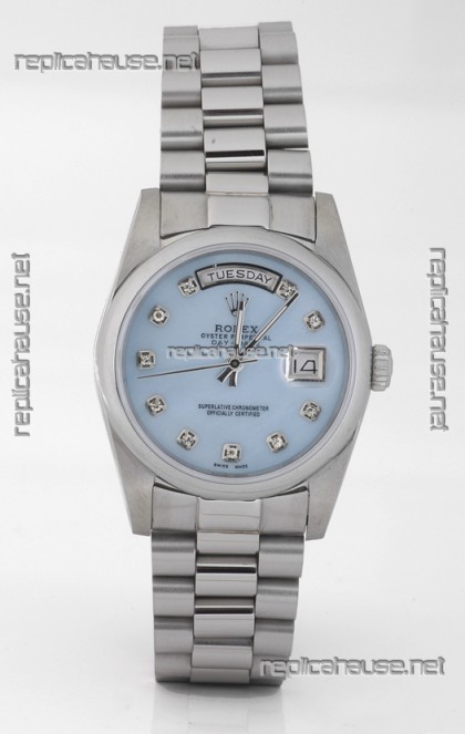 Rolex Day Date Silver Swiss Replica Watch in Mother Of Pearl Blue Dial