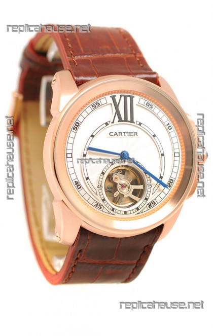 Calibre de Cartier Flying Tourbillon Japanese Replica Rose Gold Watch in Brown Strap