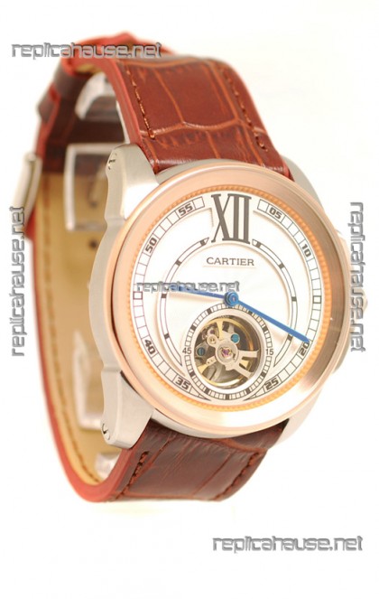 Calibre de Cartier Flying Tourbillon Japanese Replica Rose Gold Watch 