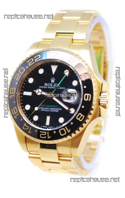 Rolex GMT Masters II 2011 Edition Swiss Replica Gold Watch in Black Cerarmic Bezel