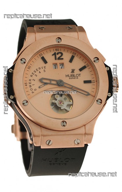 Hublot Big Bang Big Date Power Reserve Japanese Replica Tourbillon Watch in Pink Gold