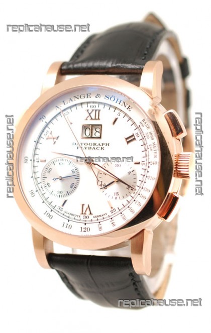 A.Lange & Sohne Datograph Flyback Swiss Replica Rose Gold Watch in White Dial