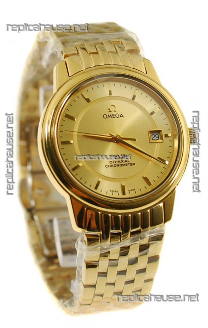 Omega Co-Axial Deville Japanese Gold Watch in Golden Markers