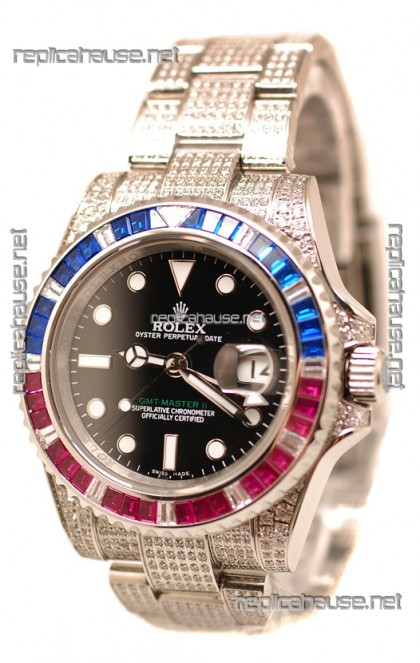 Rolex GMT Masters II 2011 Edition Swiss Replica Watch with Diamonds Casing and Bezel