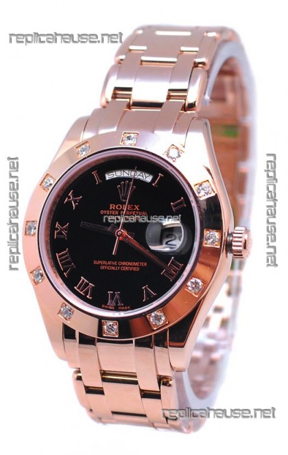 Rolex Day Date Rose Gold Japanese Replica Watch in Black Dial