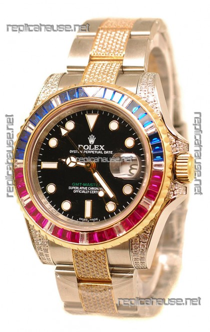 Rolex GMT Masters II 2011 Edition Swiss Replica Two Tone Watch with Diamonds Casing and Bezel