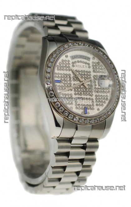 Rolex Day Date Silver Swiss Mens Watch in Diamond Dial