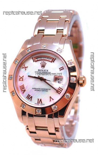 Rolex Day Date White Mother of Pearl Swiss Replica Watch in Roman Markers