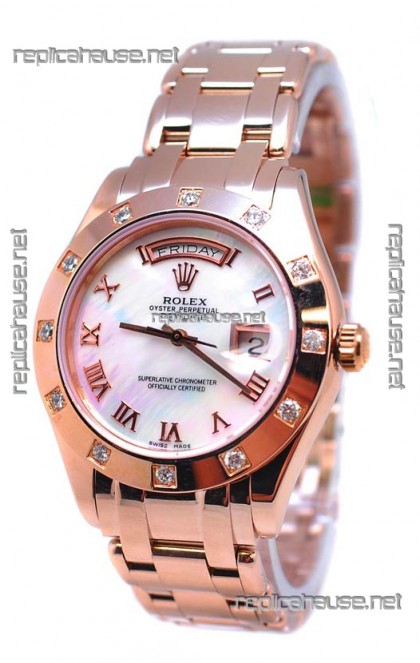 Rolex Day Date White Mother of Pearl Japanese Replica Watch in Roman Markers