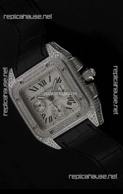 Cartier Santos Swiss Replica Watch with Diamonds Embedded Casing