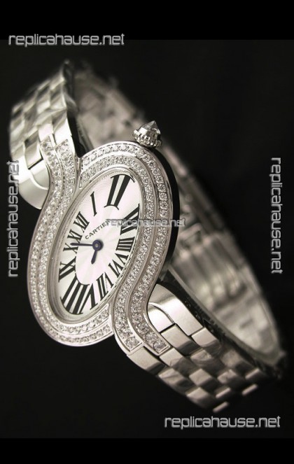 Delices De cartier Japanese Watch in Steel Strap and Diamonds Bezel