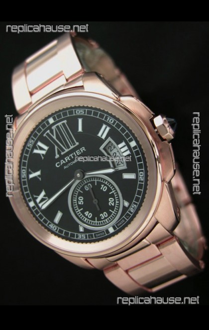 Calibre De Cartier Japanese Automatic Replica Rose Gold Watch in Black Dial