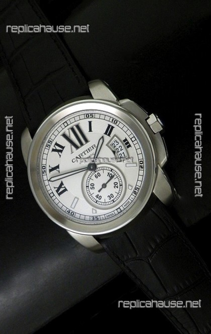 Cartier Calibre de Japanese Replica Steel Watch in Black Leather Strap