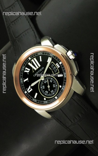 Cartier Calibre de Japanese Replica Rose Gold Watch in Leather Strap