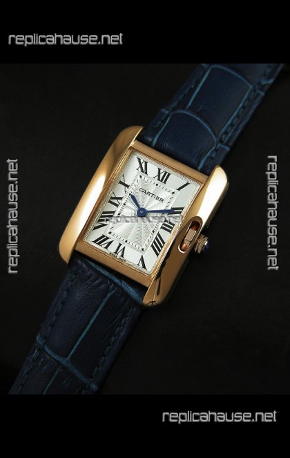 Cartier Louis Japanese Replica Ladies Rose Gold Watch in Blue Strap