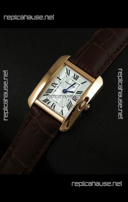 Cartier Louis Japanese Replica Ladies Rose Gold Watch in BrownStrap