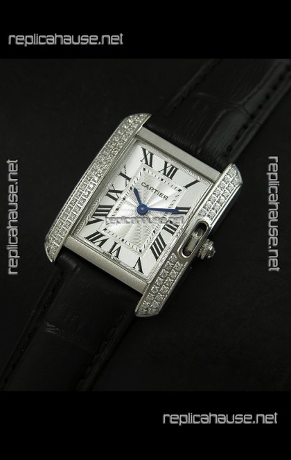 Cartier Louis Japanese Replica Ladies Diamond Watch in Black Strap