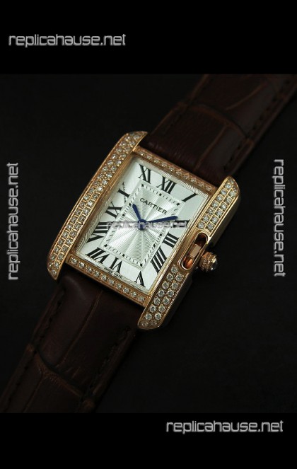 Cartier Louis Japanese Replica Ladies Rose Gold Diamond Watch in Brown Strap