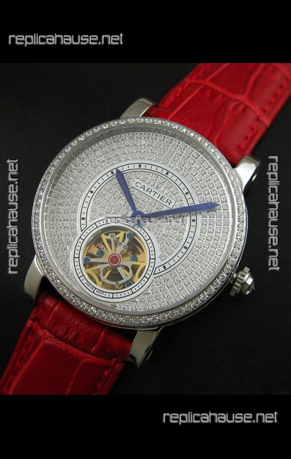 Cartier Ronde de Tourbillon Japanese Replica Diamond Watch in Red Strap