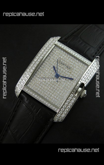 Cartier Tank Anglaise Ladies Replica Watch in Steel/Black Strap