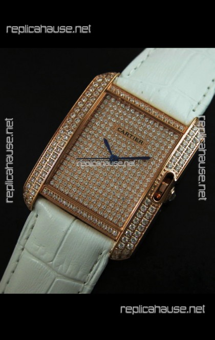 Cartier Tank Anglaise Ladies Replica Watch in Gold Case/White Strap