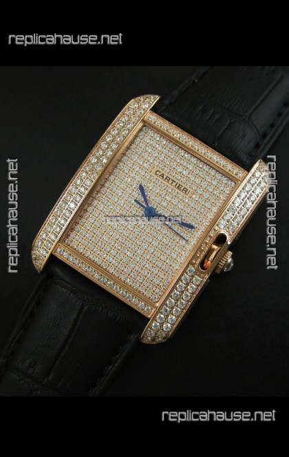 Cartier Tank Anglaise Ladies Replica Watch in Gold Case/Black Strap