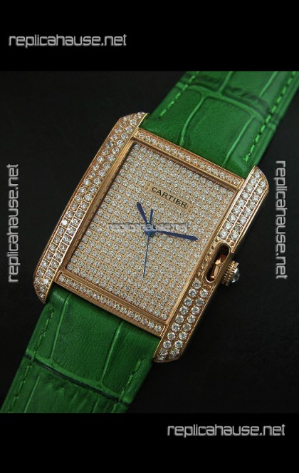 Cartier Tank Anglaise Ladies Replica Watch in Gold Case/Green Strap