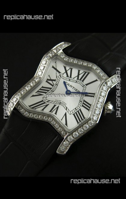 Cartier Tank Folle Ladies Replica Watch in Steel Case/Black Strap