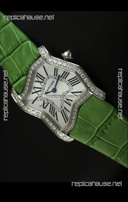 Cartier Tank Folle Ladies Replica Watch in Steel Case/Green Strap