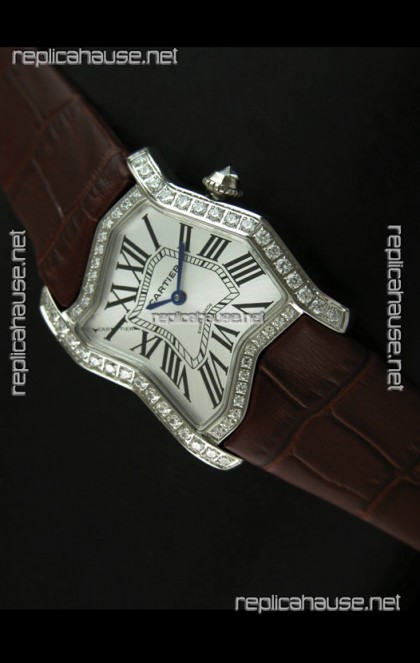 Cartier Tank Folle Ladies Replica Watch in Steel Case/Brown Strap