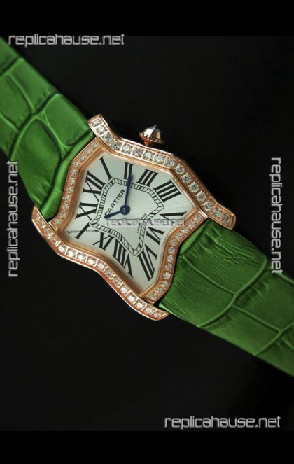 Cartier Tank Folle Ladies Replica Watch in Yellow Gold Case/Green Strap
