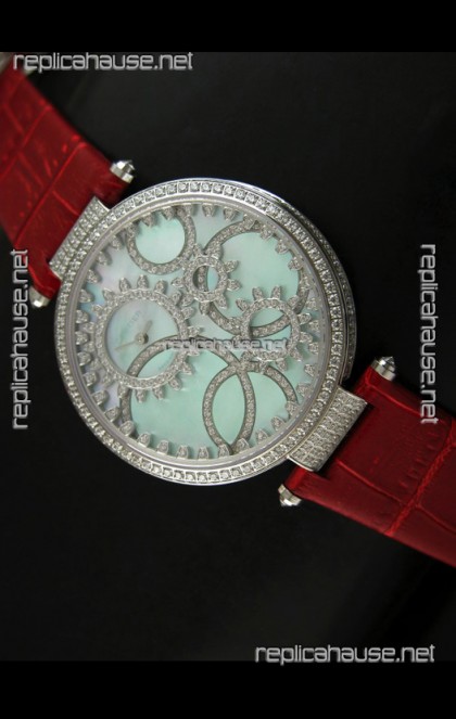 Cartier Replica Watch with Diamonds Embedded Dial Bezel in Steel Case/Red Strap
