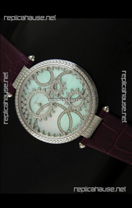 Cartier Replica Watch with Diamonds Embedded Dial Bezel in Steel Case/Maroon Strap