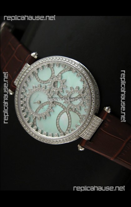 Cartier Replica Watch with Diamonds Embedded Dial Bezel in Steel Case/Brown Strap