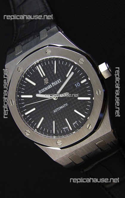 Audemars Piguet Royal Oak 41MM Black Dial Leather Strap - 1:1 Mirror Ultimate Edition
