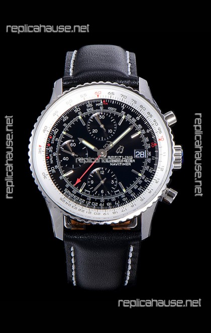 Breitling Navitimer 1 Chronograph 41MM Swiss Watch Black Dial in 904L Steel - Leather Strap