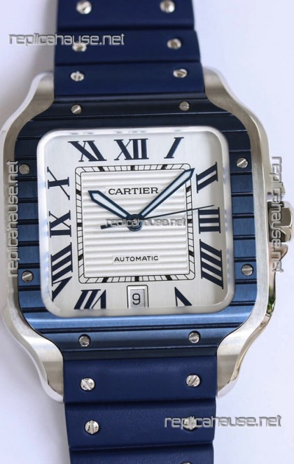 Santos De Cartier 1:1 Blue DLC Bezel Swiss Replica Watch 40MM - Rubber Strap