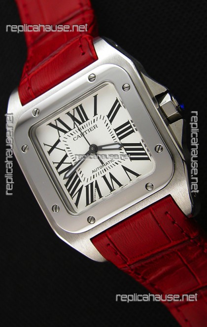 Cartier Santos De Cartier 1:1 Mirror Replica Red Strap 33MM Ladies Watch 