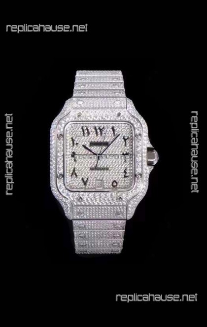 Santos De Cartier Swiss Replica Watch with Diamonds Embedded Dial in Steel Casing 40MM